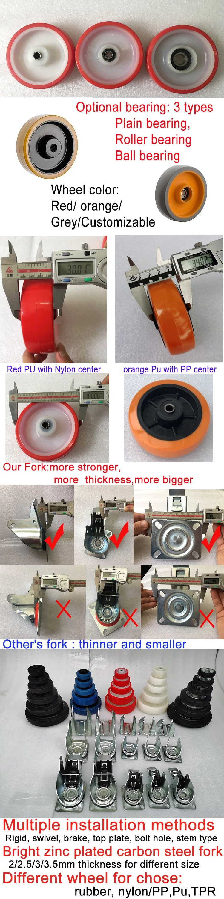 All Size Ruedus Swivel 125mm Red PU European Type Industrial Caster for Restaurant Food Trolley