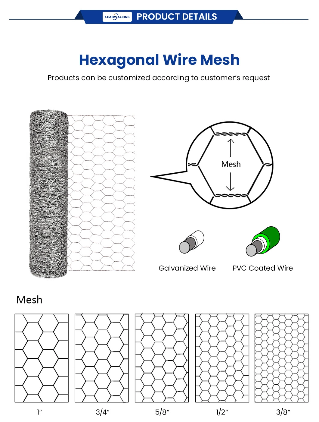 Leadwalking PVC Wire Material PVC Coated Hexagonal Chicken Wire Suppliers China 100mm Mesh 1-Inch Galvanized Hexagonal Wire Mesh